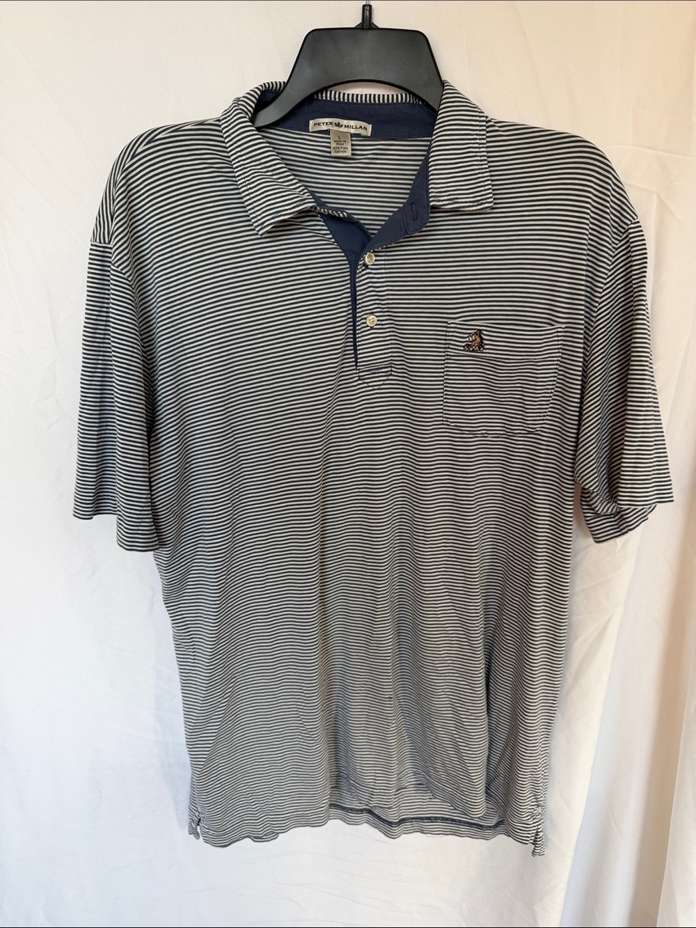 Peter Millar Navy and White Thin-Striped Polo with Pocket
